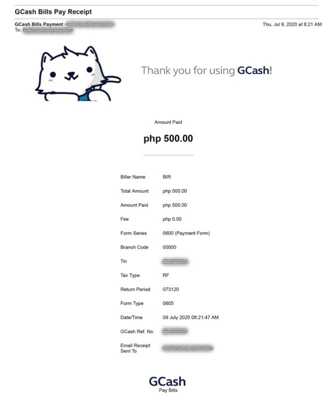 GCash Receipt for Paying BIR Form 0605