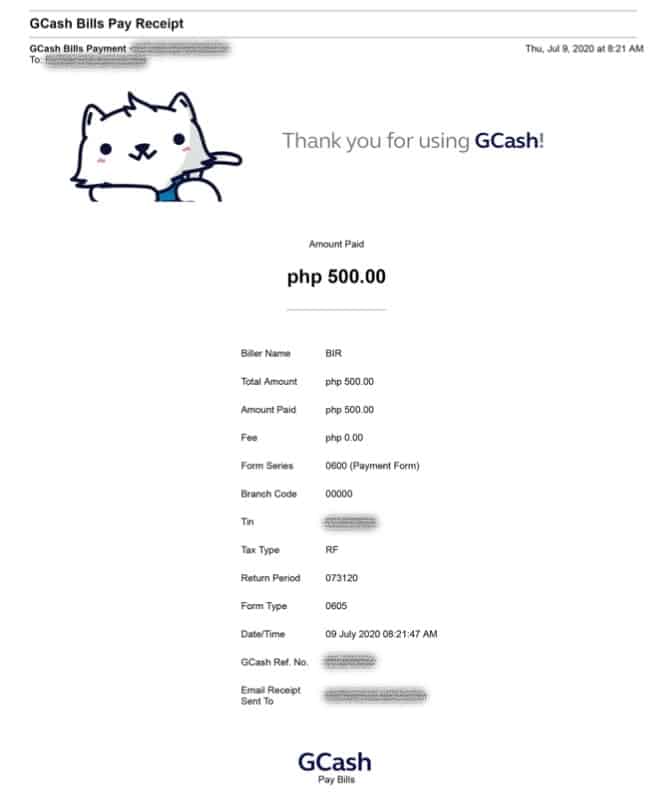 GCash Receipt for Paying BIR Form 0605