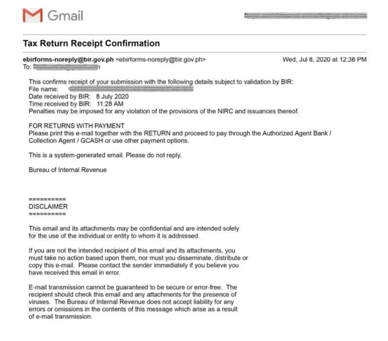 Sample BIR Form 0605 Confirmation Email